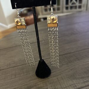 Paparazzi Dangle Earrings With Amber Like Stones And Chain Fringe